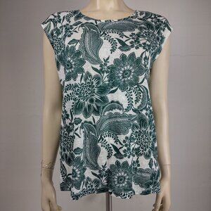 NWT Rachel Zoe green white floral 100% linen button back blouse ladies Small